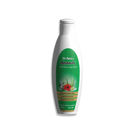 A bottle of Dr. rao's Keshovin Ayurvedic hair shampoo with a green label featuring herbal illustrations.