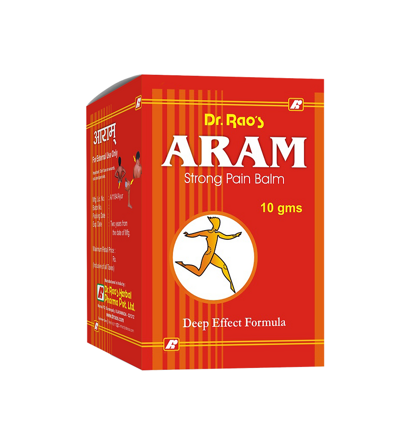 A red box of Dr.Rao's ARAM Strong Pain Balm, 10 gms, with the text 'Deep Effect Formula' on it.