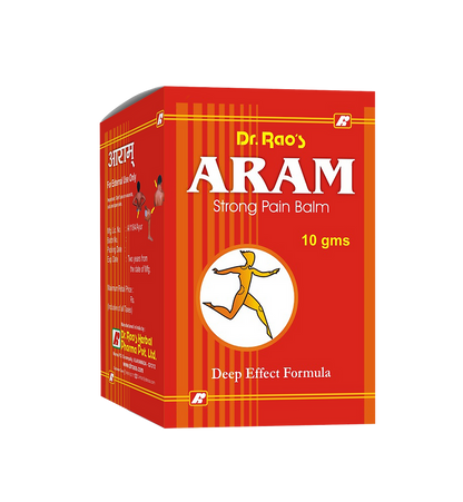 A red box of Dr.Rao's ARAM Strong Pain Balm, 10 gms, with the text 'Deep Effect Formula' on it.