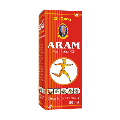 A bottle of Aram Pain Relief Oil with red packaging displaying the brand logo, product name, and 'Deep Effect Formula 50 ml' text.