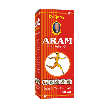 A bottle of Aram Pain Relief Oil with red packaging displaying the brand logo, product name, and 'Deep Effect Formula 50 ml' text.
