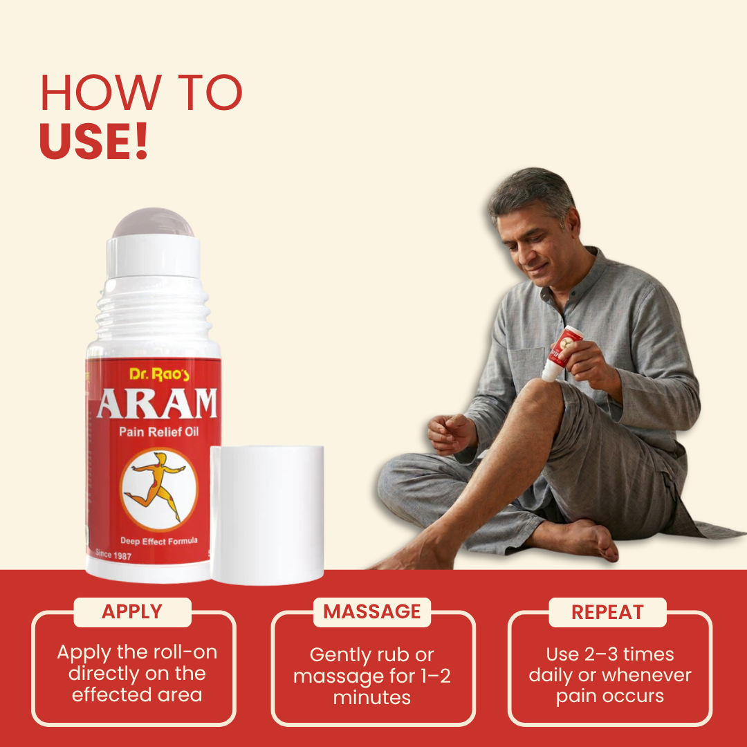 Back Pain, Knee Pain & Muscle Recovery Support – Aram Ayurvedic Pain Relief Oil (Roll-On Available)