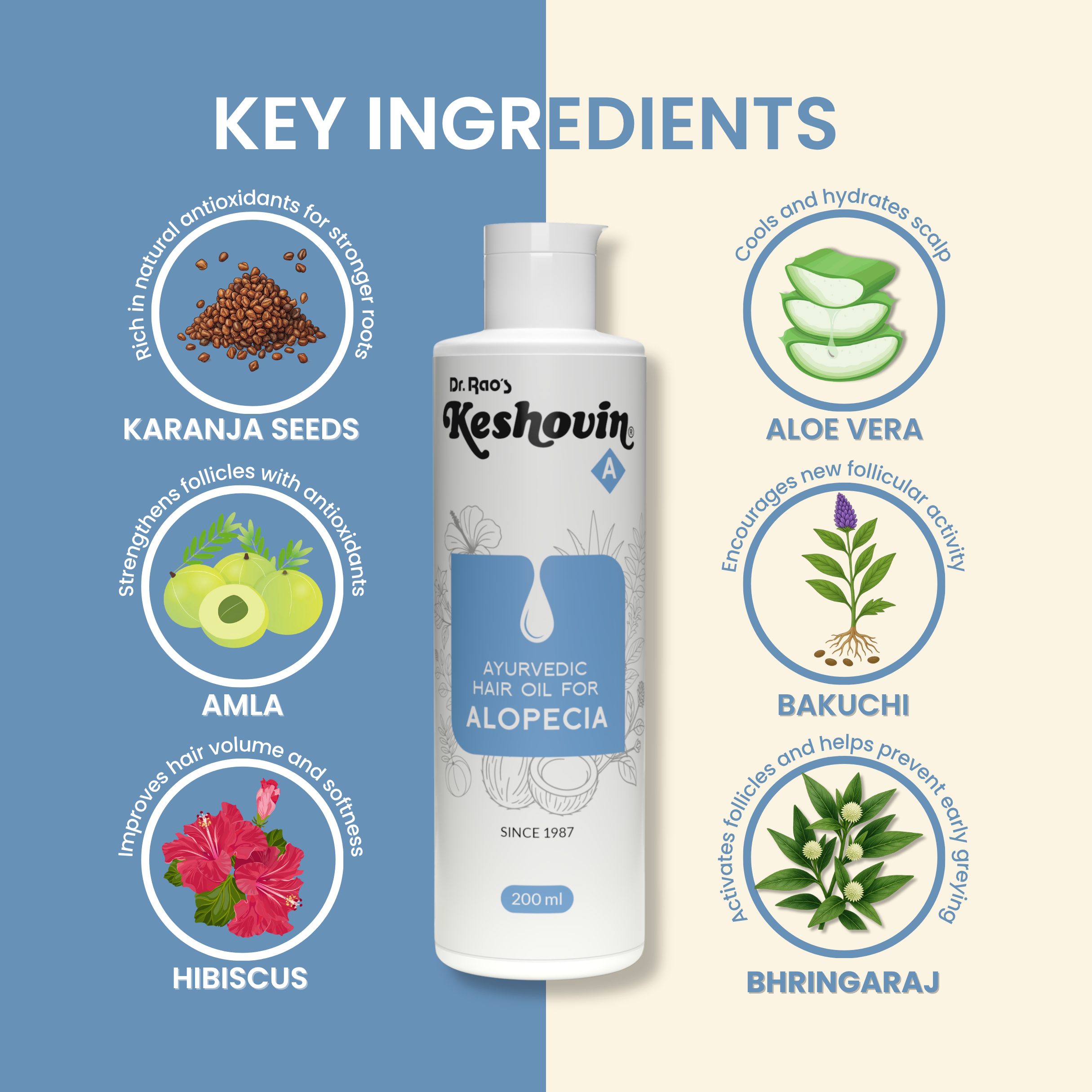 Dr. Rao's Keshovin-A Ayurvedic Hair Oil for Alopecia with key ingredients on a blue and beige background