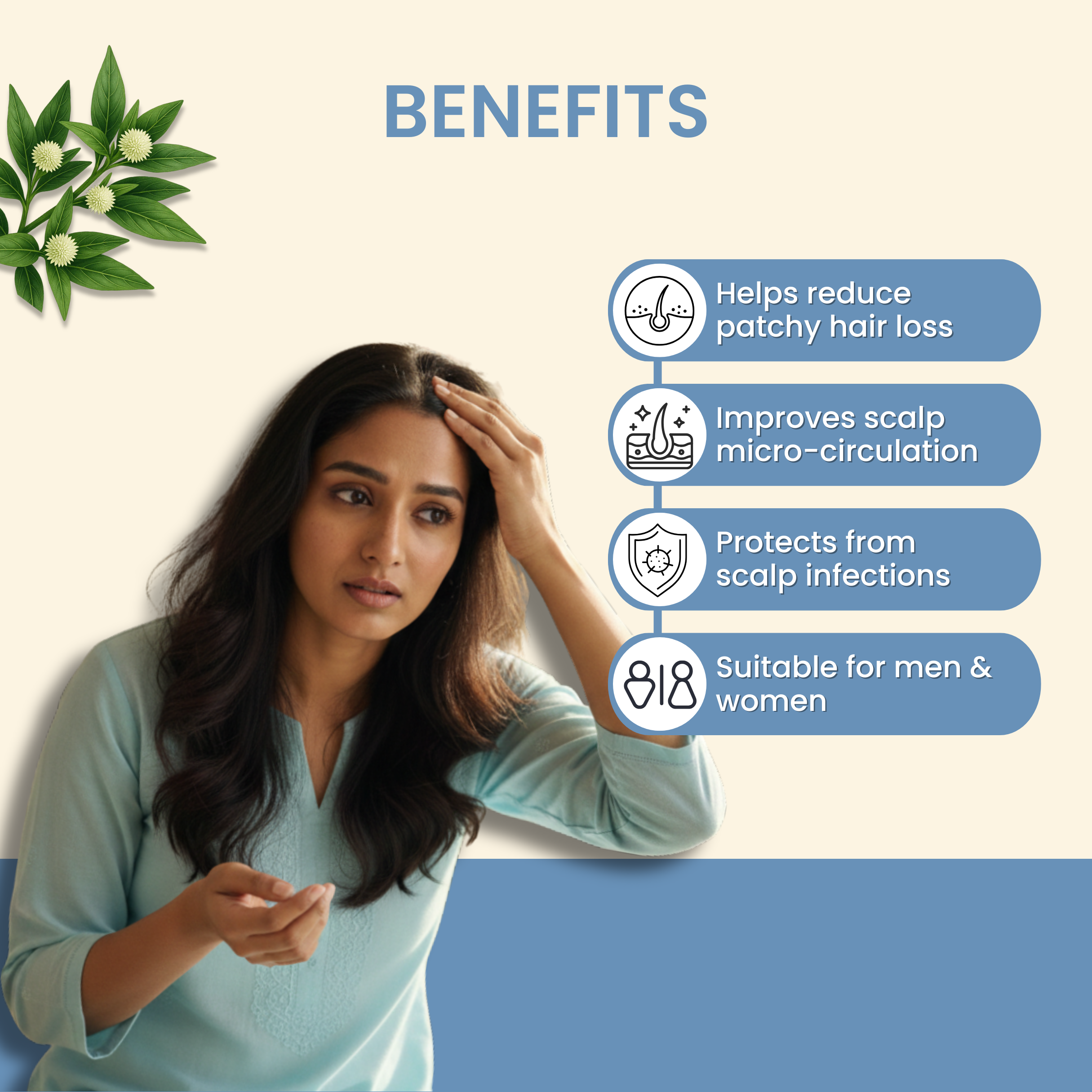 Woman with long dark hair touching her head, with benefits listed on a beige background