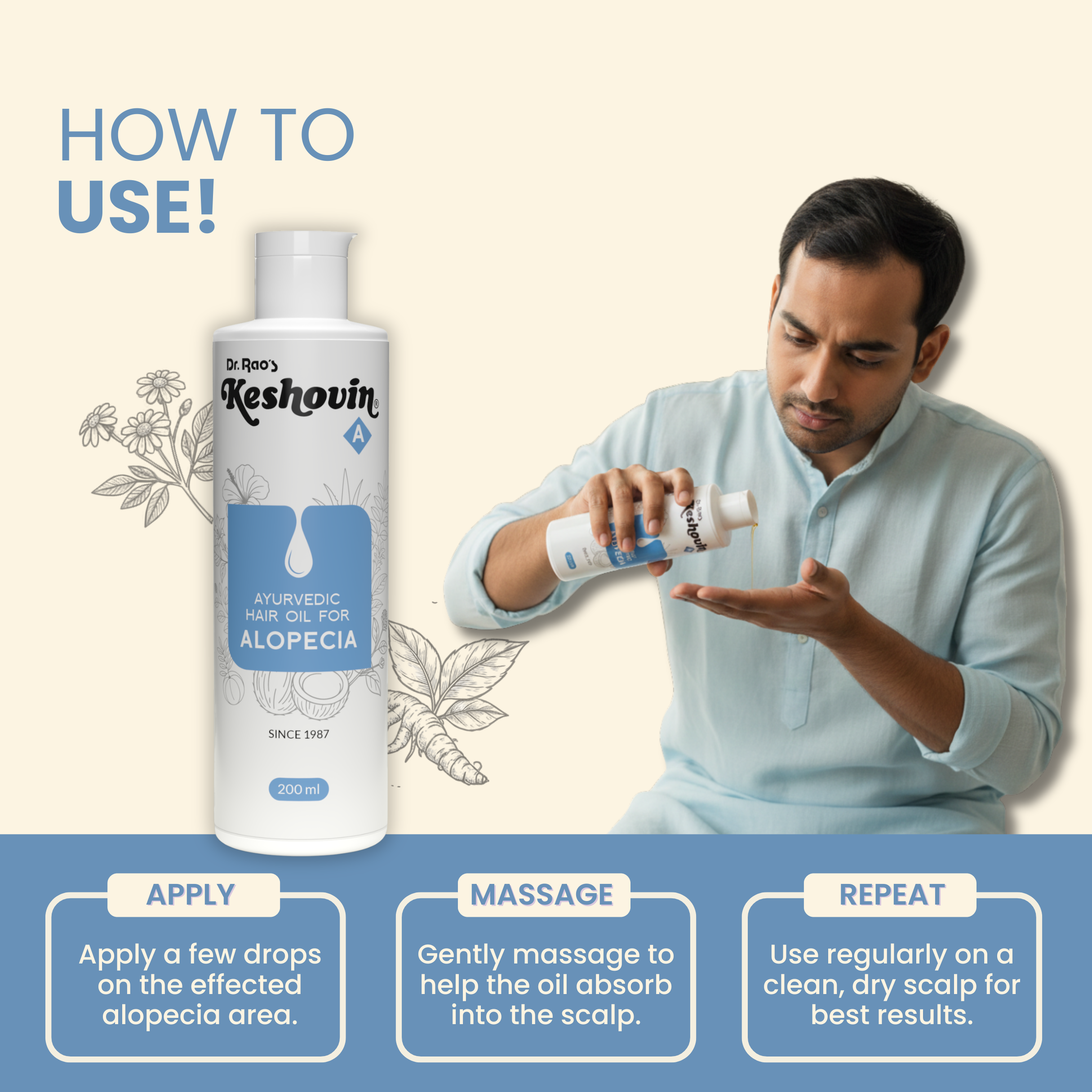 Person holding a bottle of Dr.Rao's Keshovin-A Ayurvedic Hair Oil for Alopecia with usage instructions.