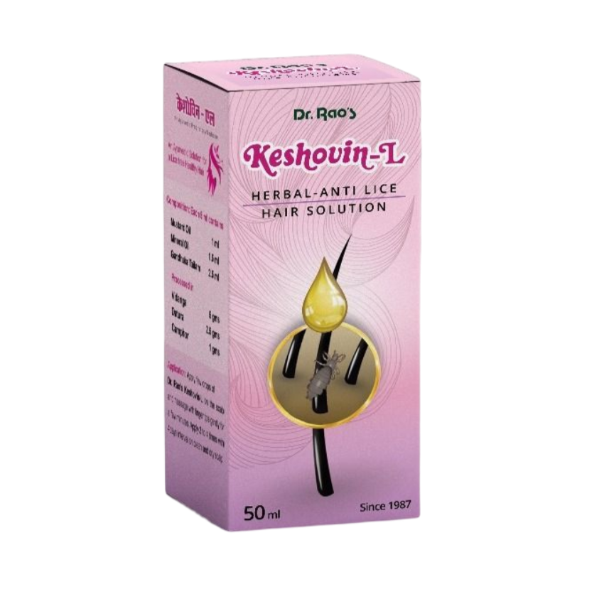A box of Keshovin-L Herbal Anti Lice Hair Oil by Dr. Rao's with a pink background, featuring an image of a drop of oil and a comb.