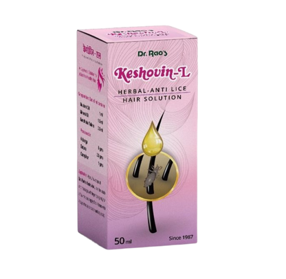 A box of Keshovin-L Herbal Anti Lice Hair Oil by Dr. Rao's with a pink background, featuring an image of a drop of oil and a comb.