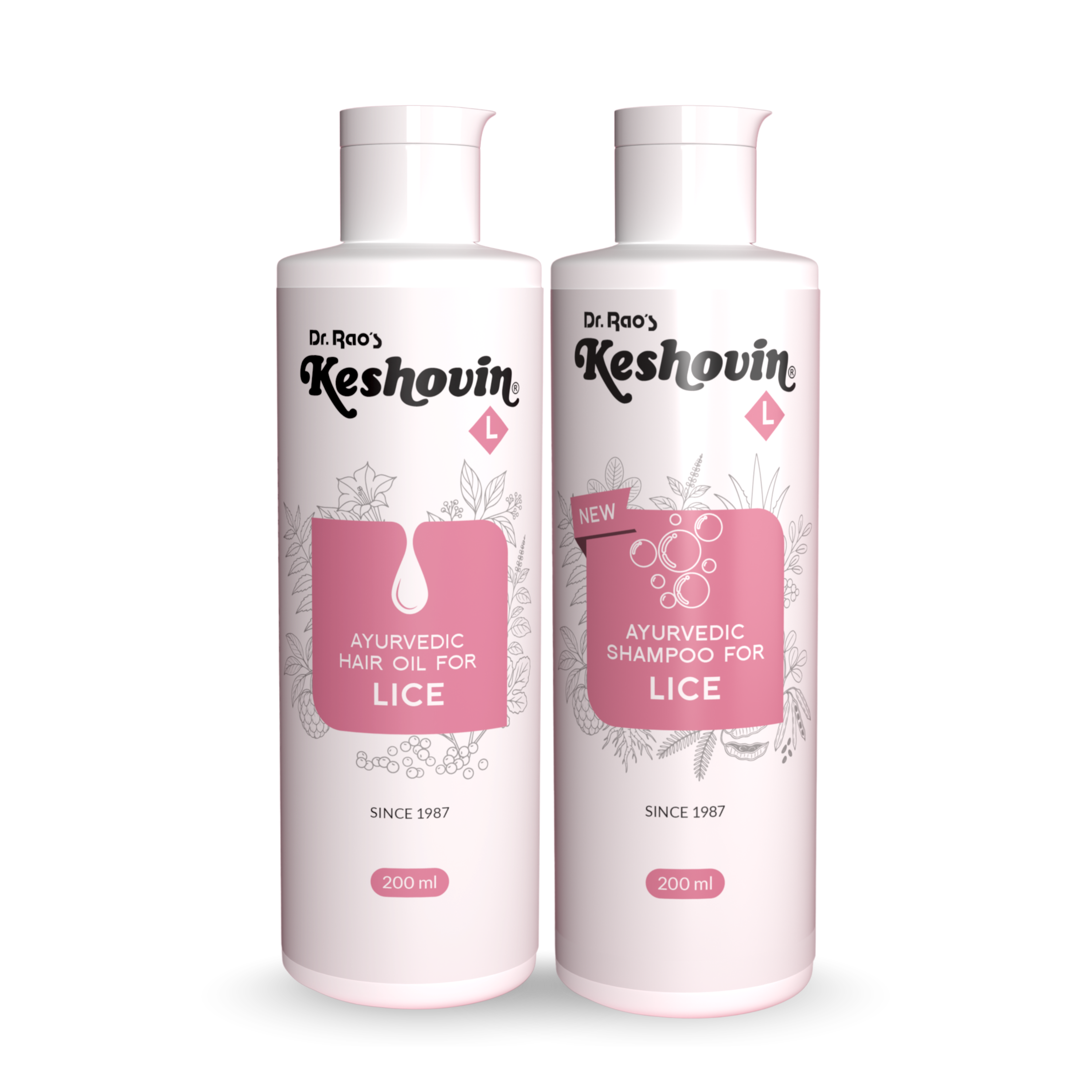 Two bottles of Dr. Rao's Keshovin Ayurvedic hair oil and shampoo for lice on a white background